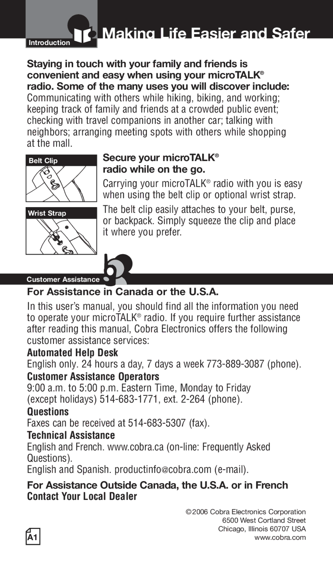 Cobra Electronics PR260 WXC Making Life Easier and Safer, For Assistance in Canada or the U.S.A, Automated Help Desk 