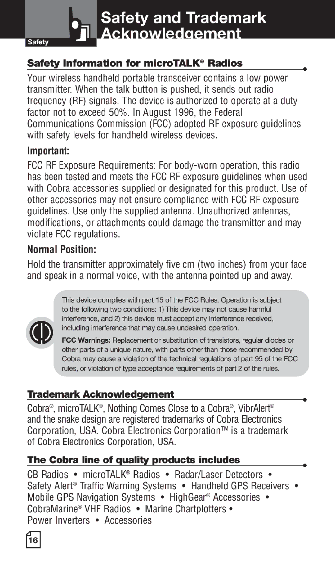 Cobra Electronics PR260 WXC Safety and Trademark Acknowledgement, Safety Information for microTALK Radios, Normal Position 