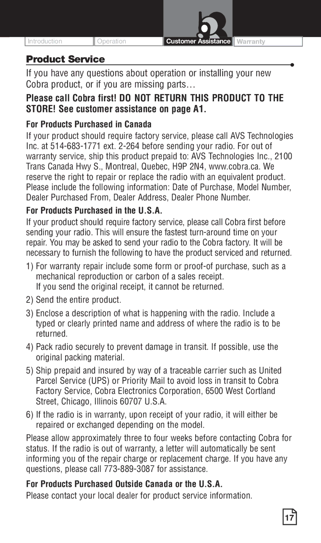 Cobra Electronics PR260 WXC owner manual Product Service, For Products Purchased Outside Canada or the U.S.A 