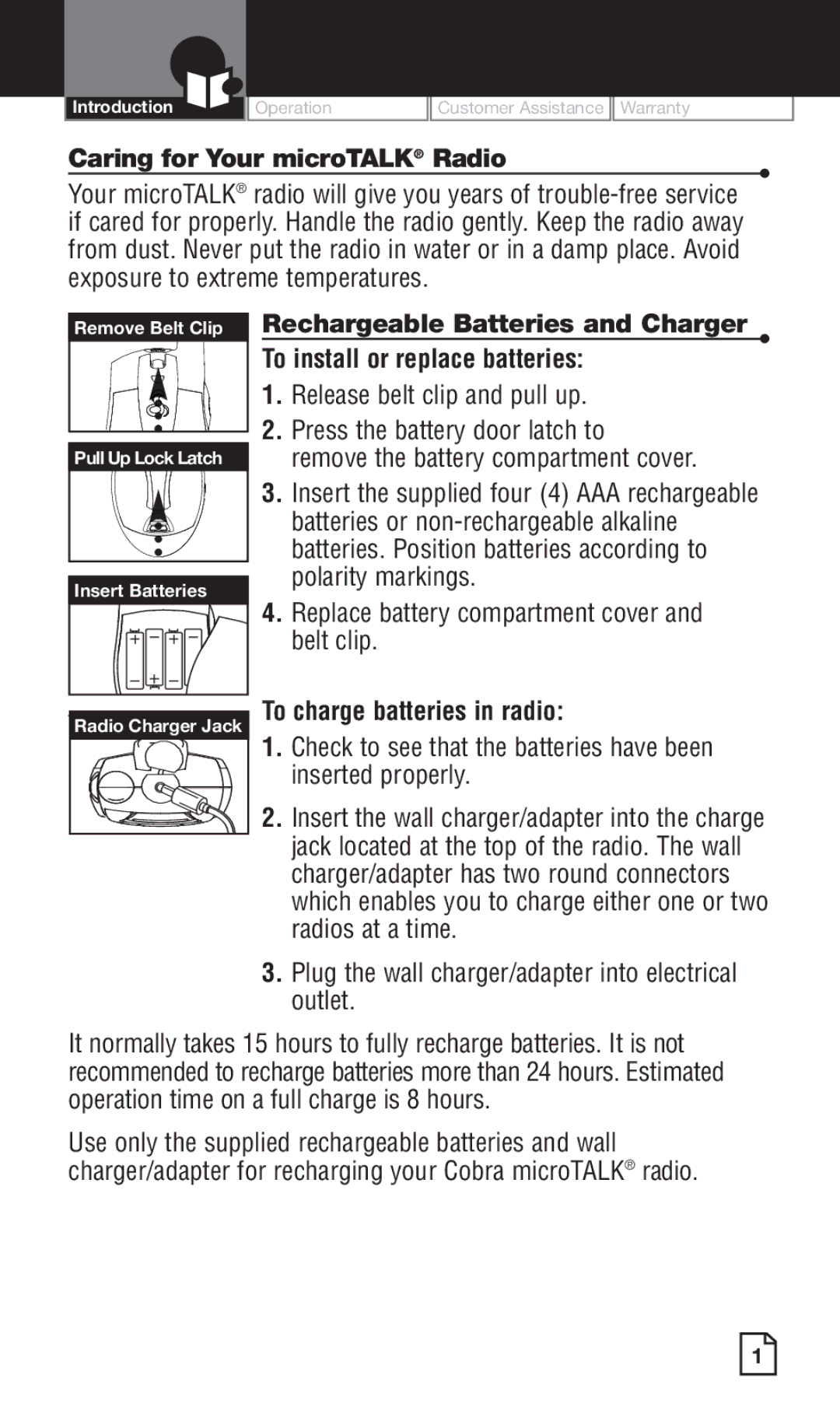 Cobra Electronics PR260 WXC owner manual Caring for Your microTALK Radio, Replace battery compartment cover and belt clip 