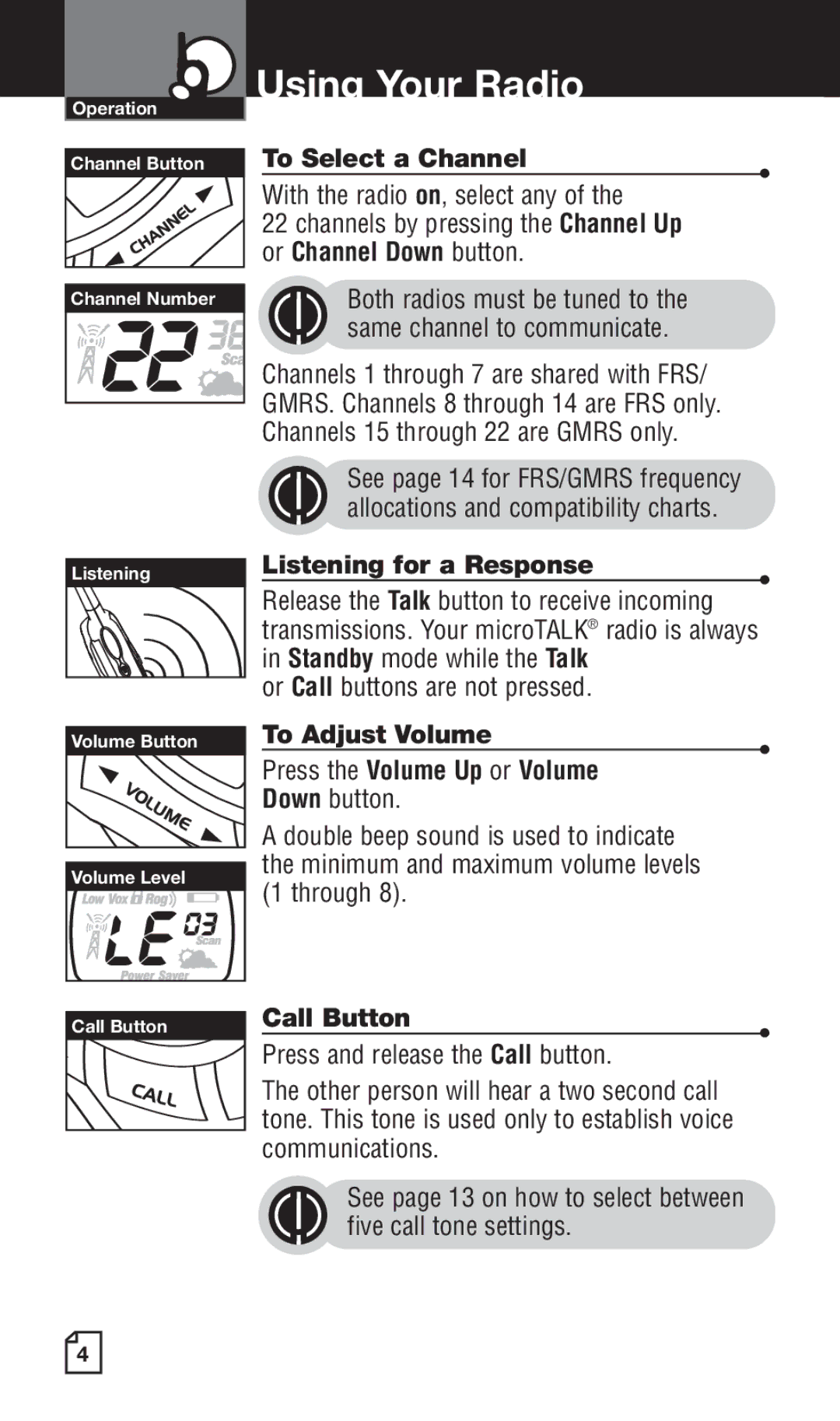 Cobra Electronics PR260 WXC To Select a Channel, Listening for a Response, To Adjust Volume Press the Volume Up or Volume 