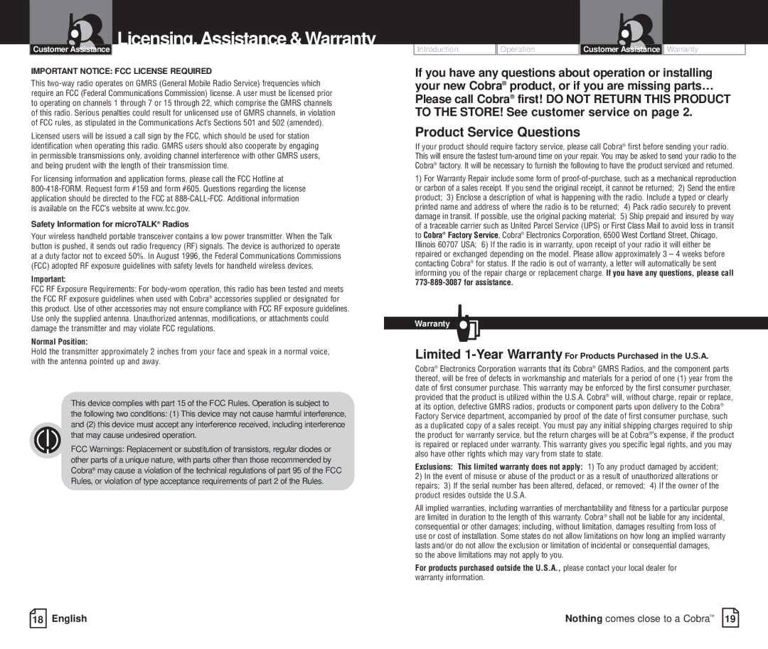 Cobra Electronics PR3000DX Licensing, Assistance & Warranty, Safety Information for microTALK Radios, Normal Position 