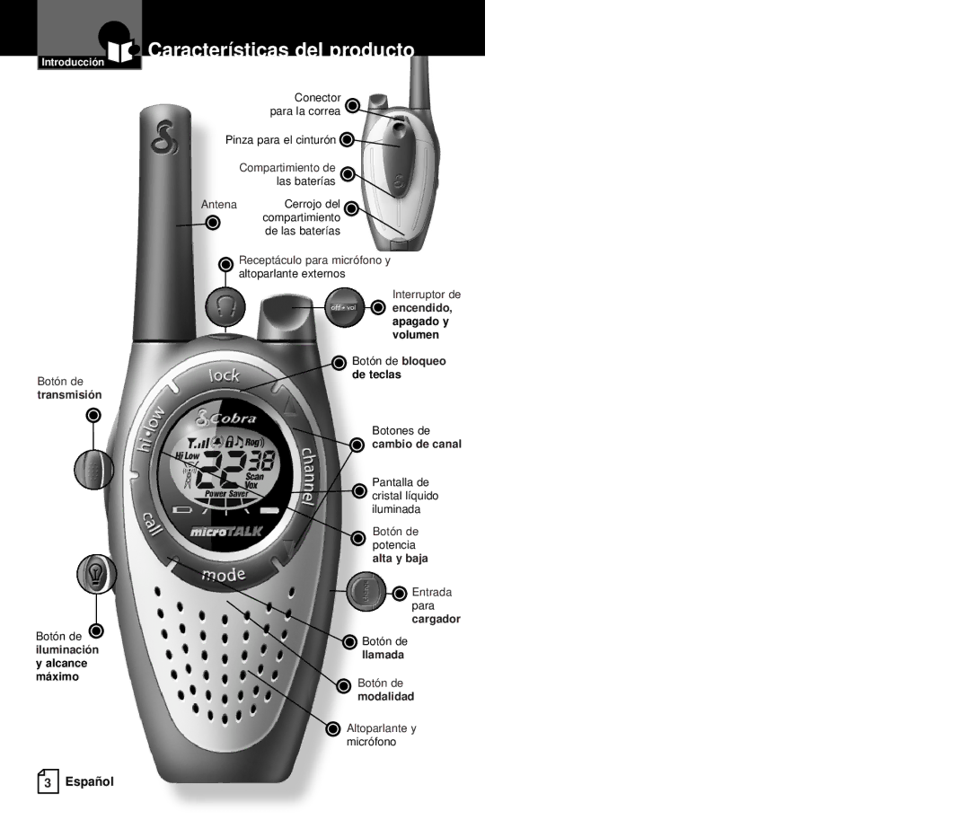 Cobra Electronics PR3000DX owner manual Características del producto, Transmisión, Cambio de canal, Llamada, Modalidad 