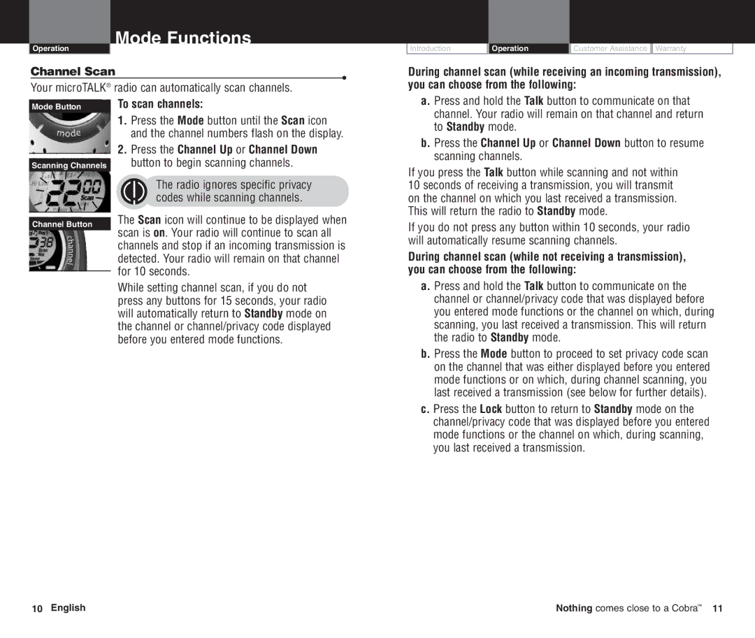 Cobra Electronics PR3000DXC Channel Scan, Your microTALK radio can automatically scan channels, To scan channels 