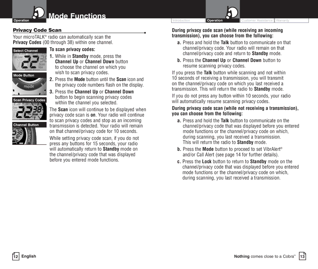 Cobra Electronics PR3000DXC owner manual Privacy Code Scan, Press and hold the Talk button to communicate on that 