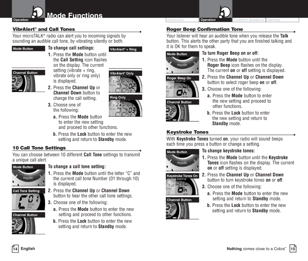 Cobra Electronics PR3000DXC owner manual VibrAlert and Call Tones, Roger Beep Confirmation Tone, To change call settings 