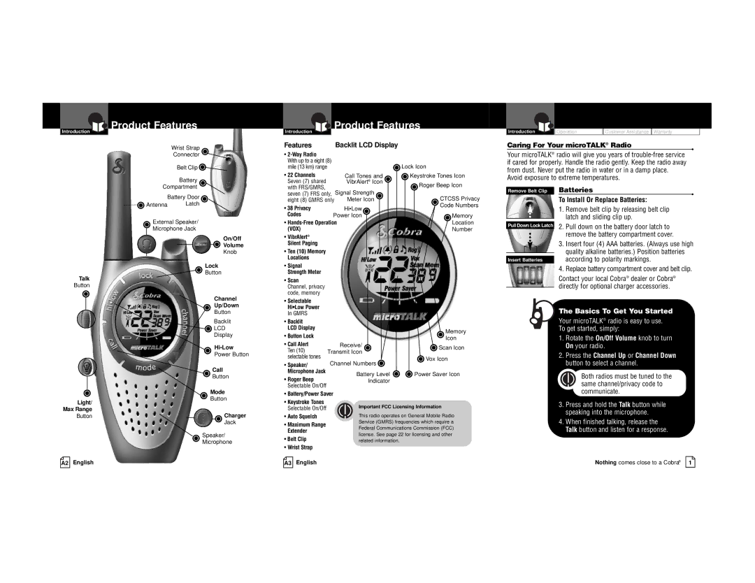 Cobra Electronics PR3100DX Product Features, Caring For Your microTALK Radio, Batteries To Install Or Replace Batteries 