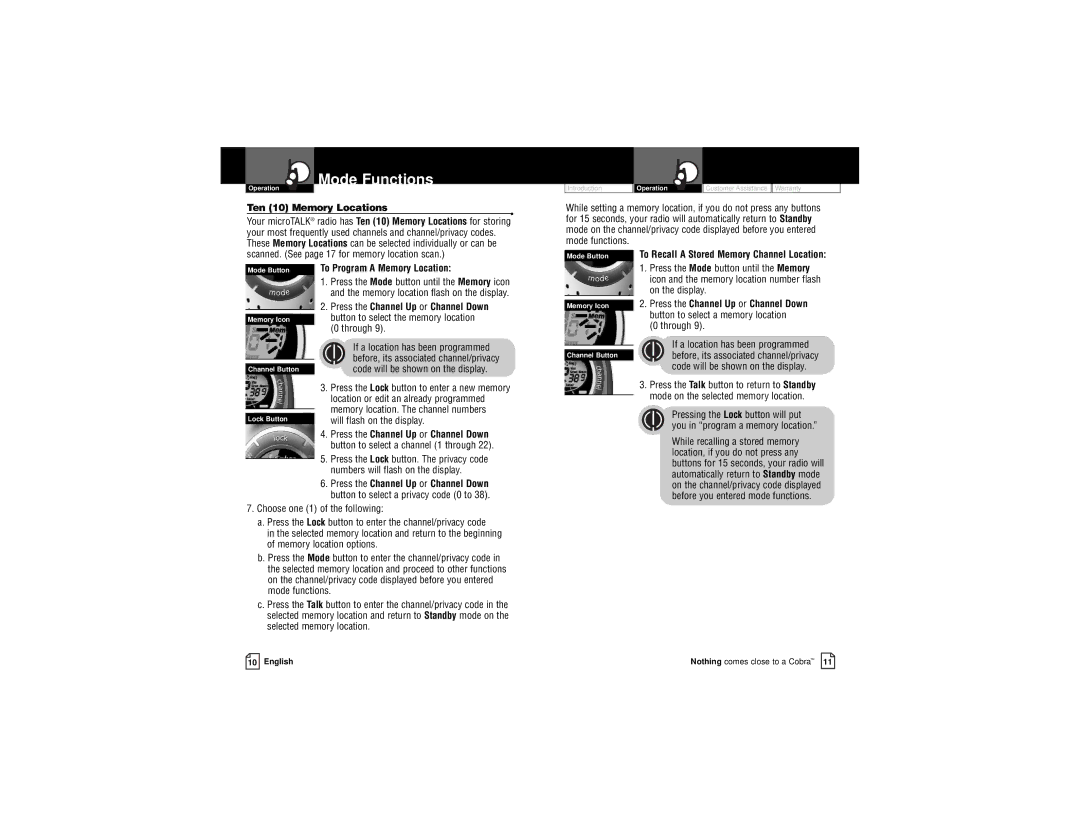 Cobra Electronics PR3100DX owner manual Through, To Recall a Stored Memory Channel Location 