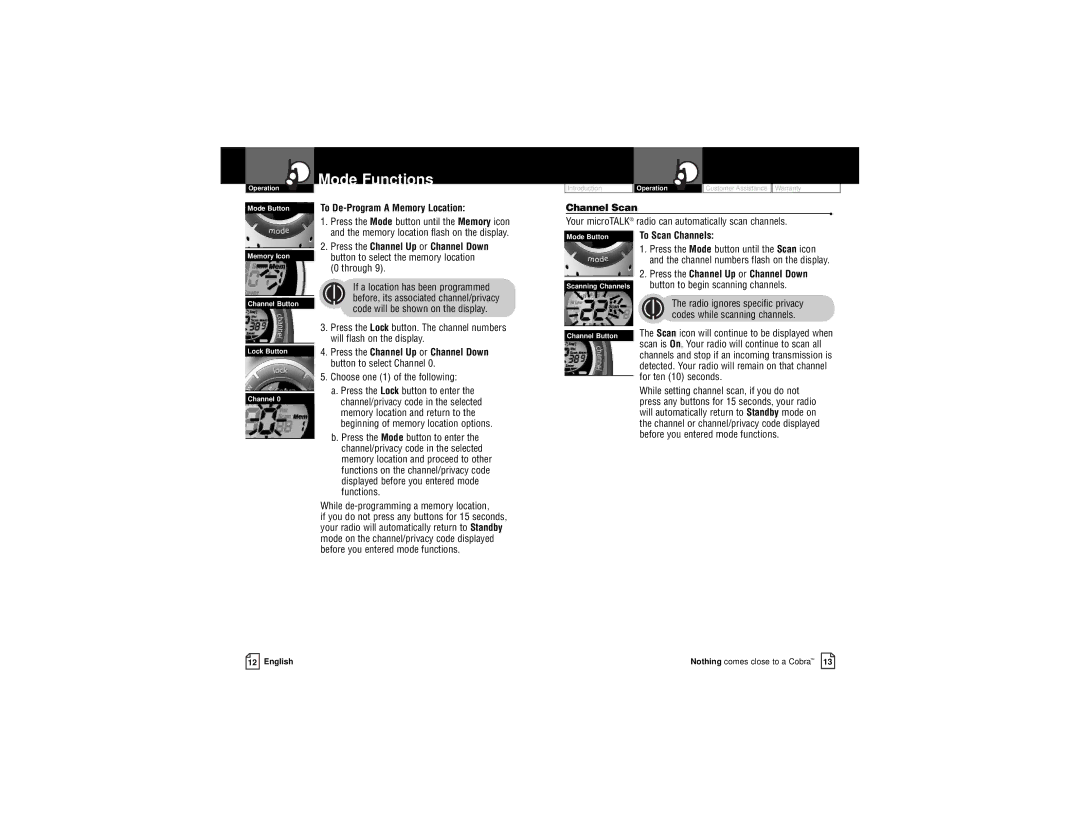 Cobra Electronics PR3100DX owner manual To De-Program a Memory Location, Channel Scan, To Scan Channels 