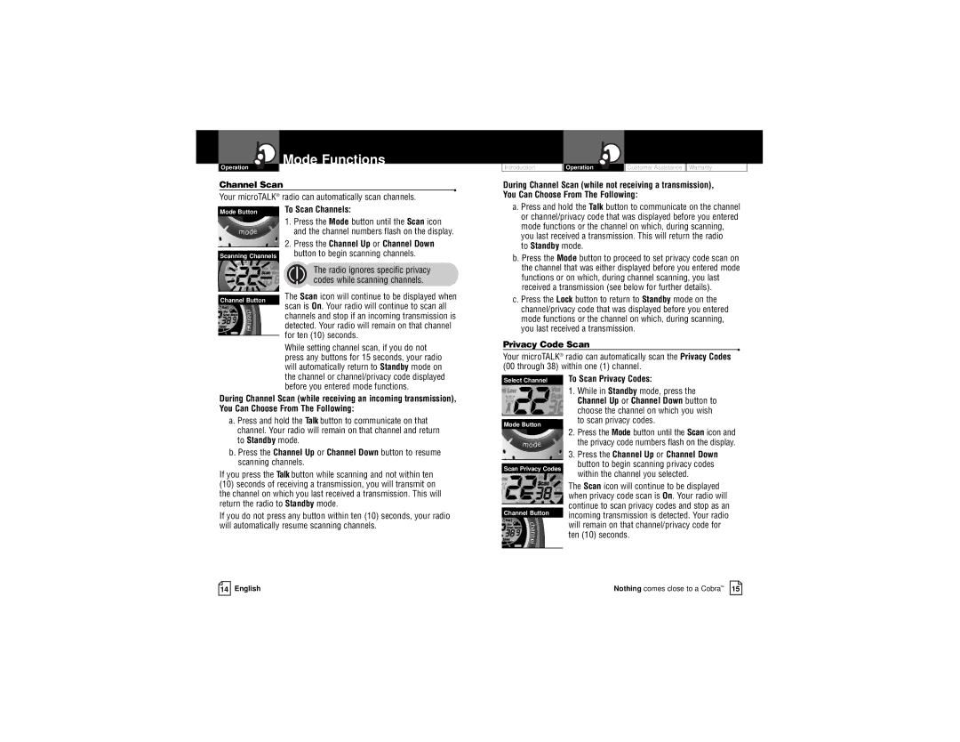 Cobra Electronics PR3175WX owner manual Channel Scan, To Scan Channels, Privacy Code Scan, To Scan Privacy Codes 