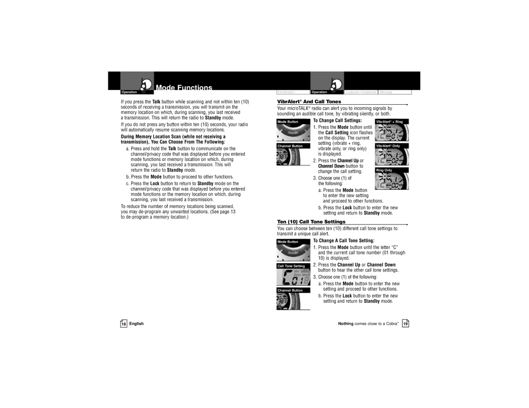 Cobra Electronics PR3175WX owner manual VibrAlert And Call Tones, To Change Call Settings, Setting vibrate + ring 