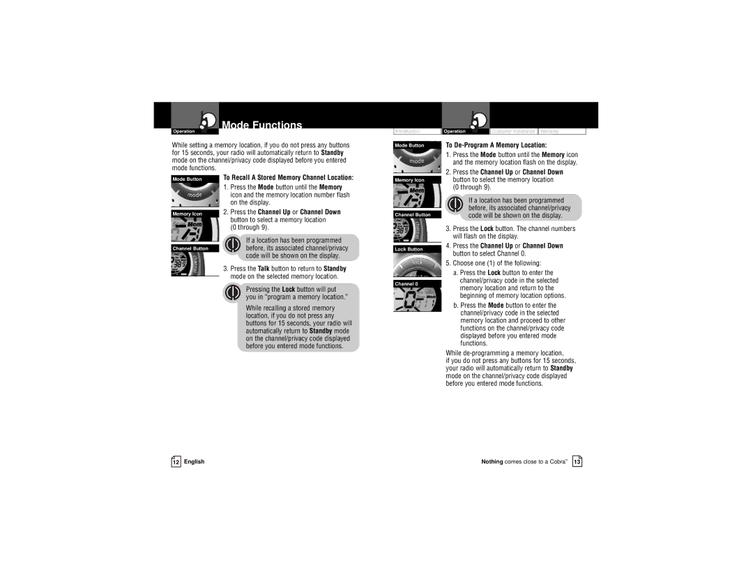 Cobra Electronics PR3175WX owner manual To De-Program a Memory Location, To Recall a Stored Memory Channel Location 