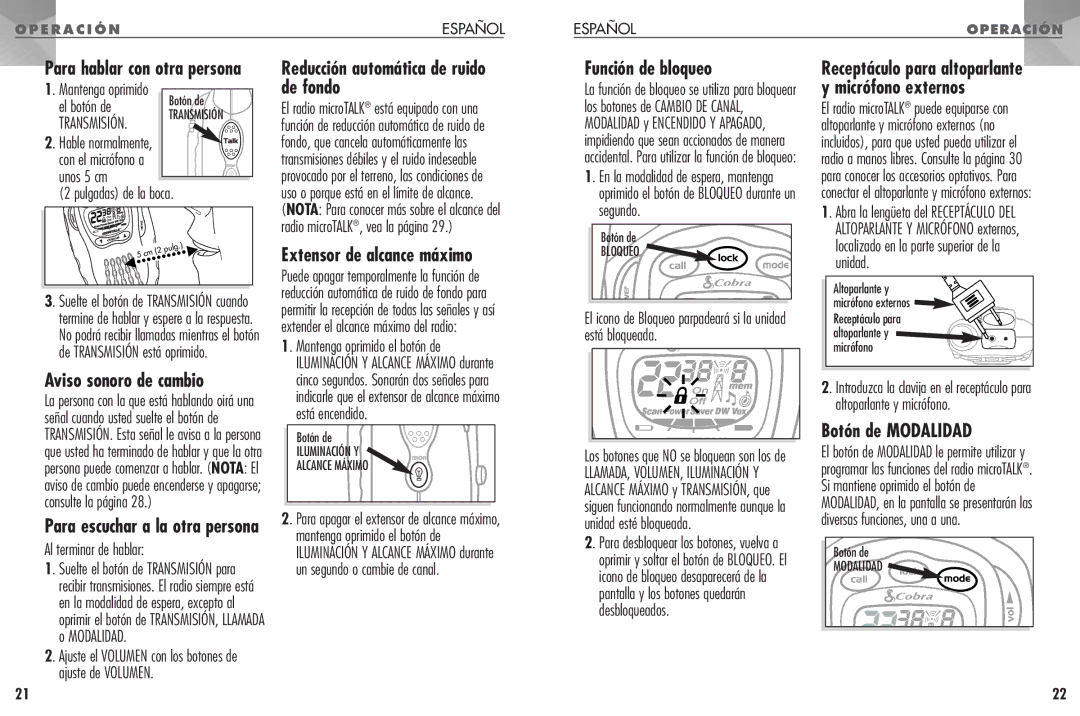 Cobra Electronics PR330 Reducción automática de ruido de fondo, Función de bloqueo, Aviso sonoro de cambio 