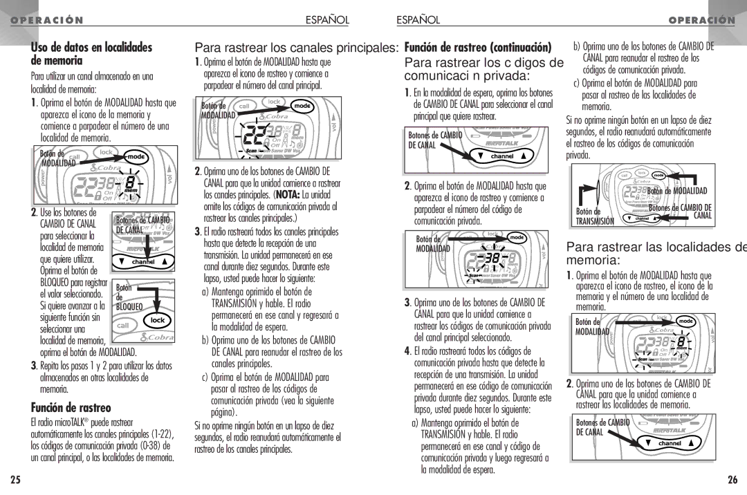 Cobra Electronics PR330 operating instructions Función de rastreo, Botones de Cambio, Canal, Use los botones de 