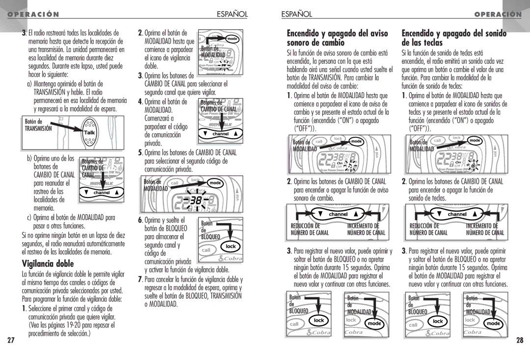 Cobra Electronics PR330 operating instructions Sonoro de cambio De las teclas, Vigilancia doble 