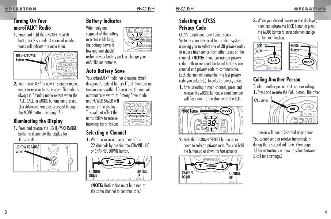 Cobra Electronics PR330 Illuminating the Display Battery Indicator, Auto Battery Save, Selecting a Ctcss Privacy Code 