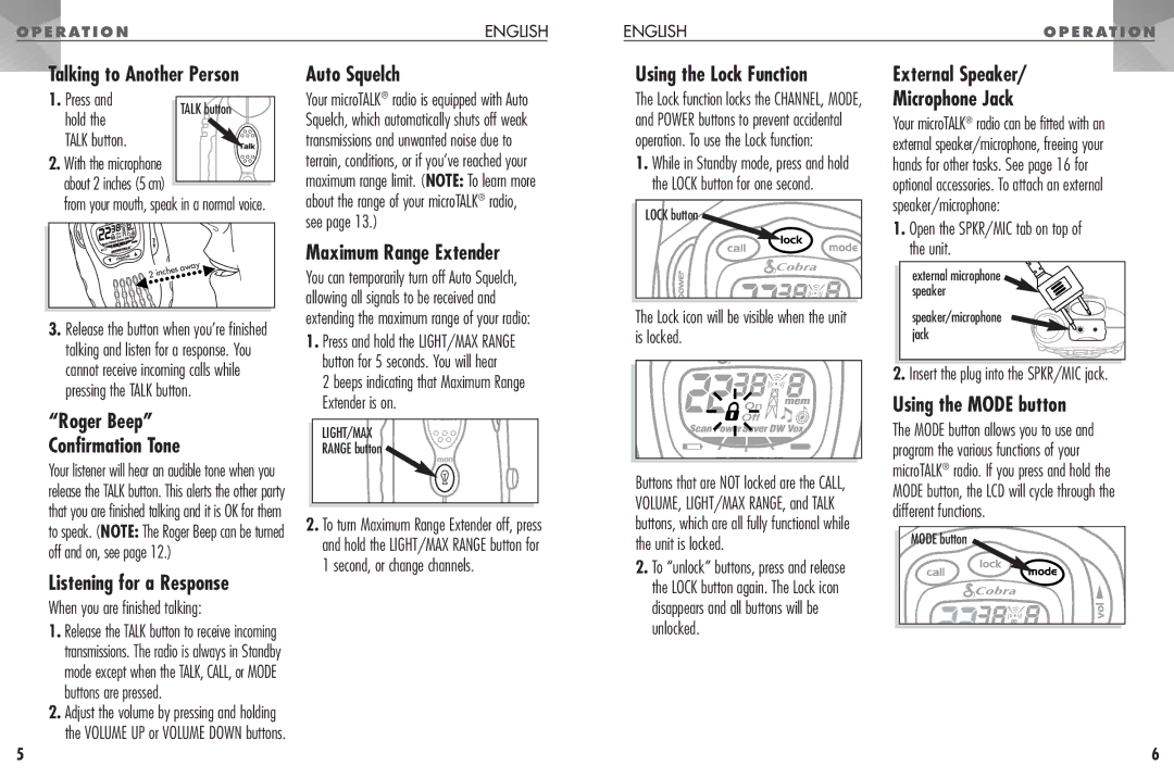 Cobra Electronics PR330 Talking to Another Person, Using the Lock Function External Speaker, Roger Beep Confirmation Tone 