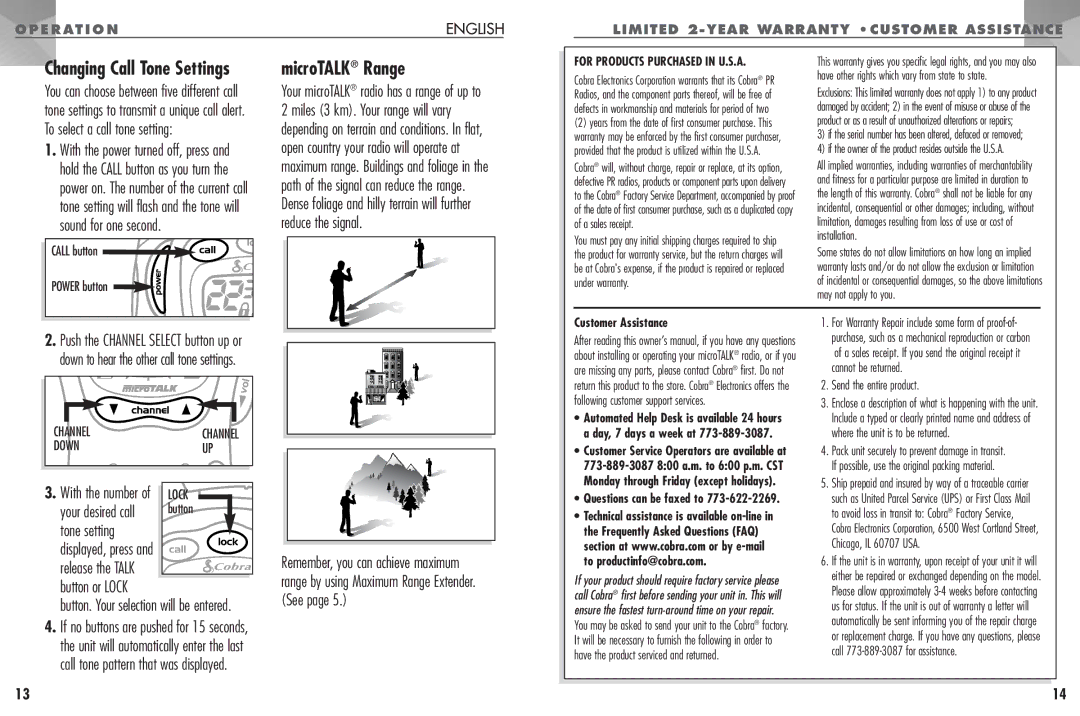 Cobra Electronics PR330 operating instructions MicroTALK Range, Changing Call Tone Settings 