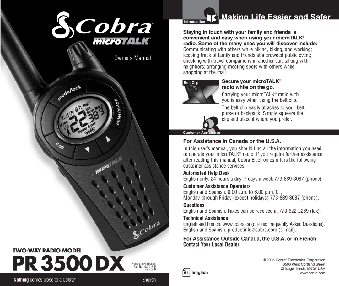 Cobra Electronics PR3500DX owner manual Making Life Easier and Safer 