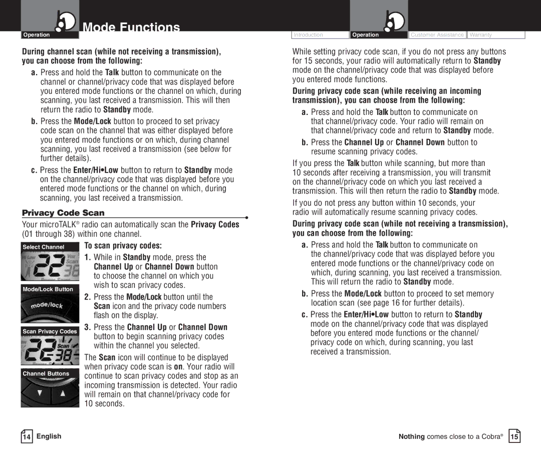 Cobra Electronics PR3500DX owner manual Privacy Code Scan, If you press the Talk button while scanning, but more than 