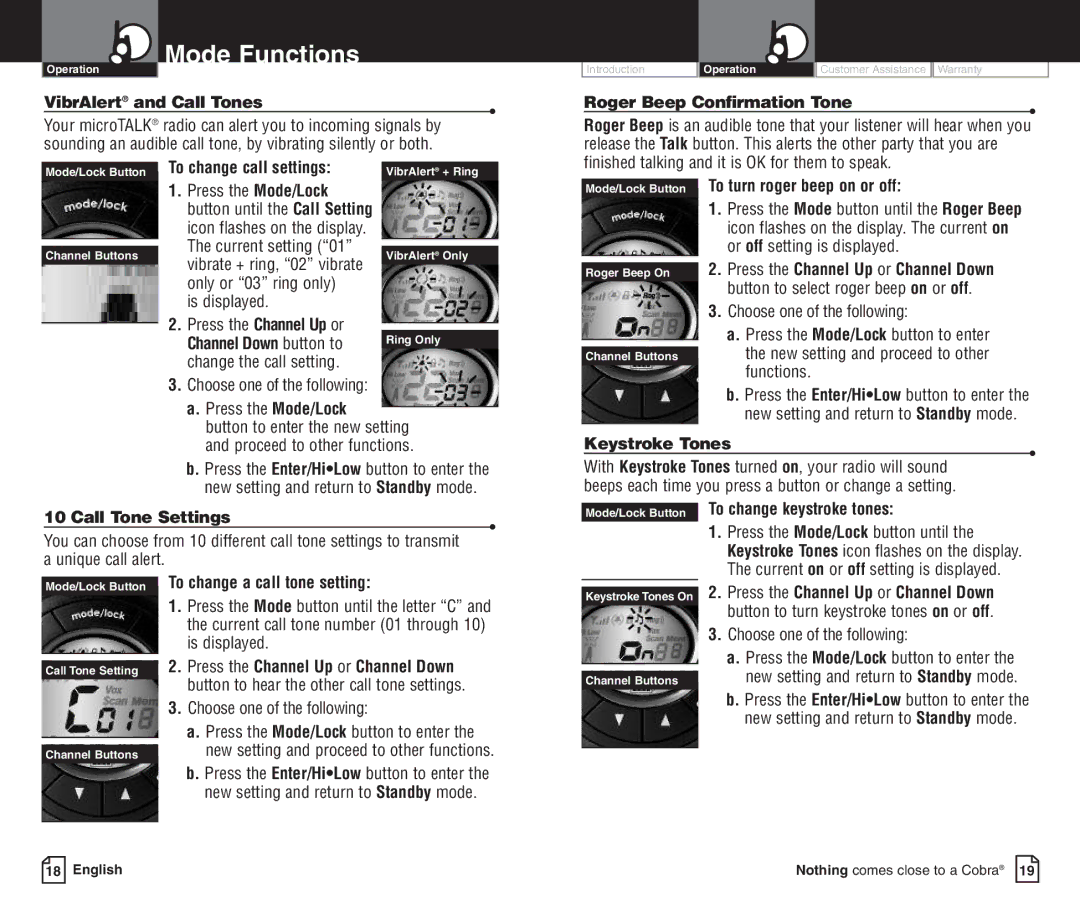 Cobra Electronics PR3500DX owner manual VibrAlert and Call Tones, To change call settings, To turn roger beep on or off 