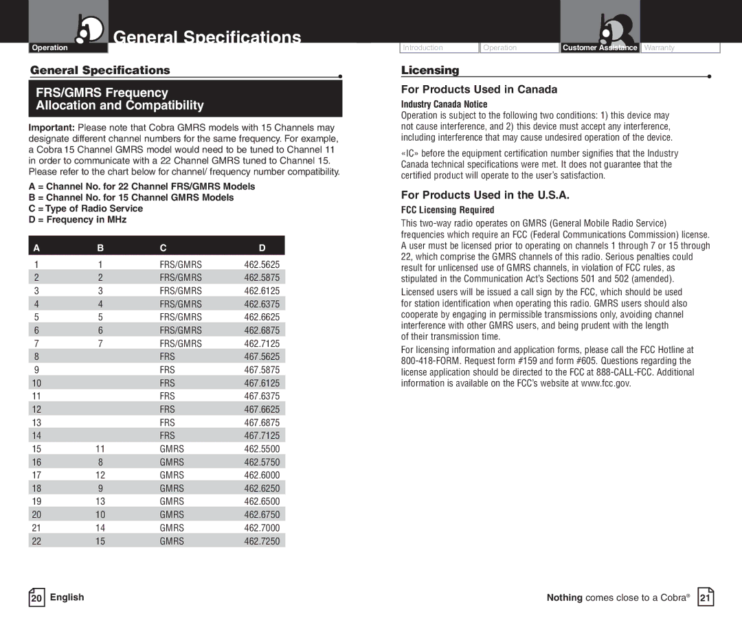 Cobra Electronics PR3500DX General Specifications, Licensing, For Products Used in Canada, For Products Used in the U.S.A 