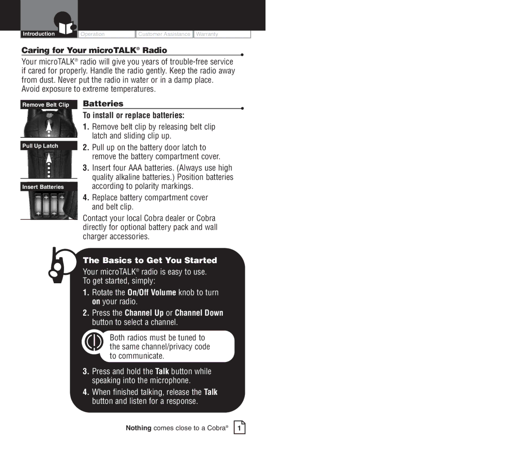 Cobra Electronics PR3500DX owner manual Caring for Your microTALK Radio, Avoid exposure to extreme temperatures 