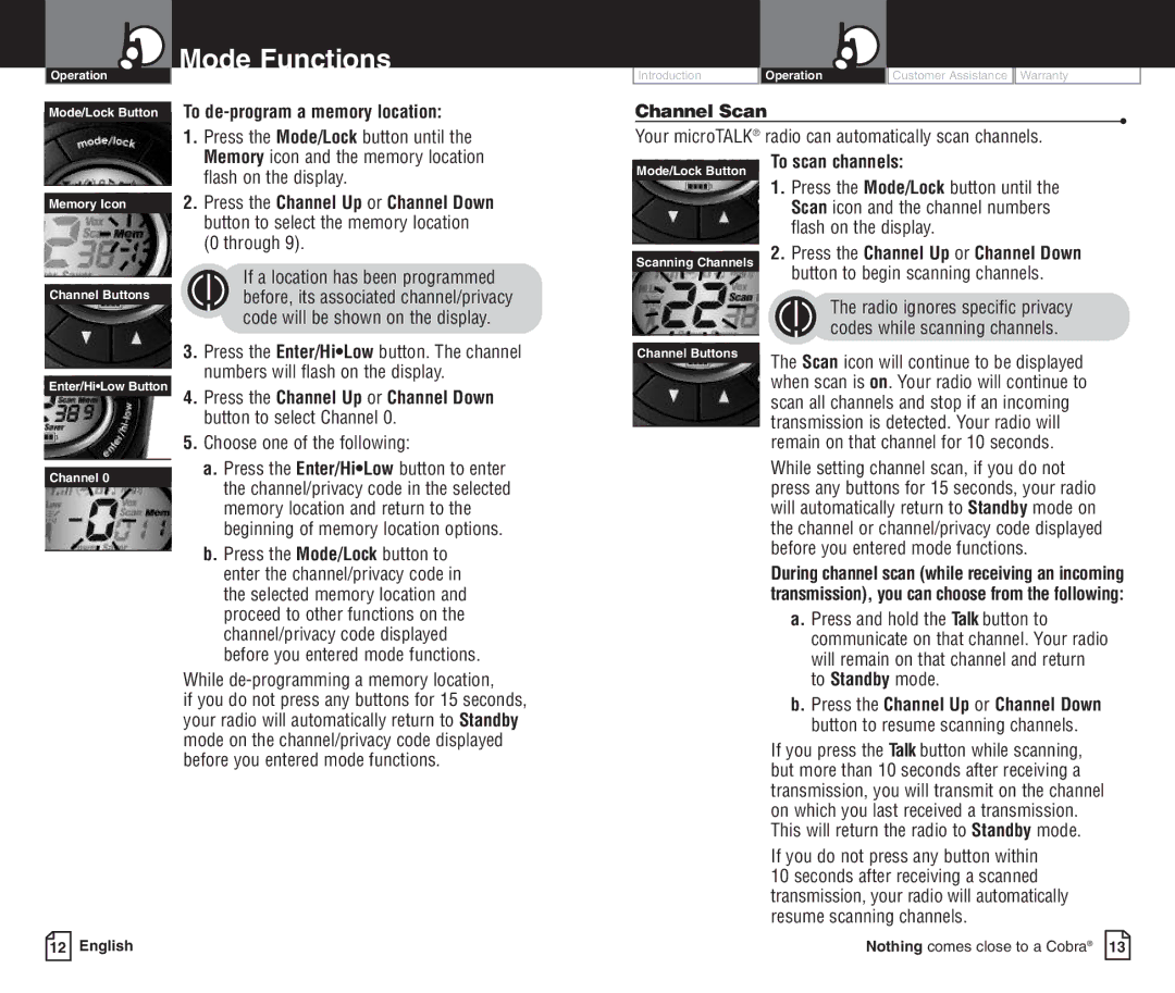 Cobra Electronics PR3500DX To de-program a memory location, Channel Scan, To scan channels, Flash on the display 