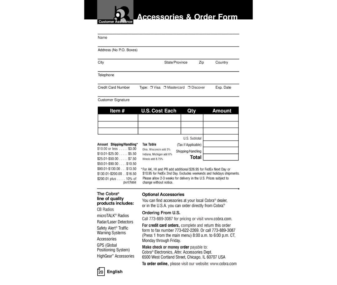 Cobra Electronics PR350WX, PR240 owner manual Accessories & Order Form 