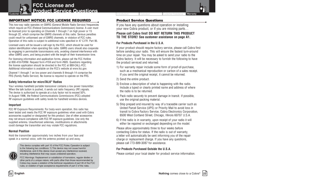 Cobra Electronics PR3550WX owner manual FCC License Product Service Questions 