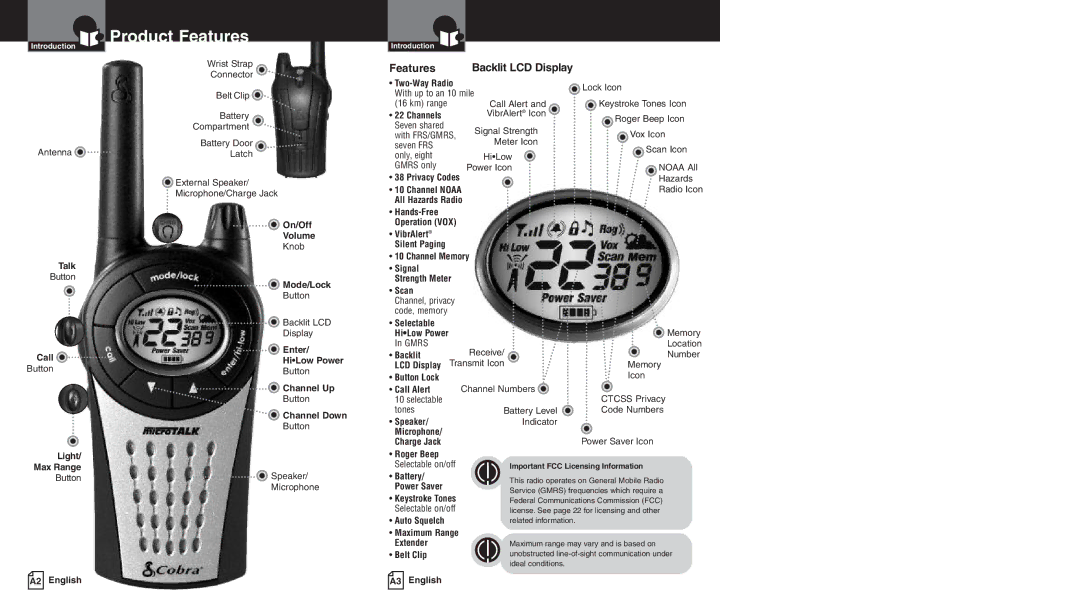 Cobra Electronics PR3550WX owner manual Product Features, Backlit LCD Display 