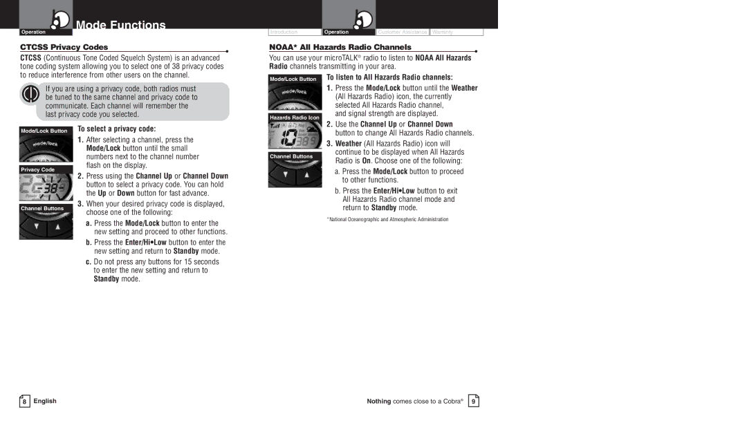 Cobra Electronics PR3550WX owner manual Mode Functions 