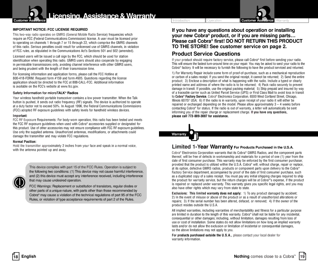 Cobra Electronics PR375WX Licensing, Assistance & Warranty, Safety Information for microTALK Radios, Normal Position 