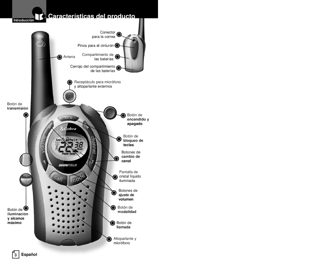 Cobra Electronics PR375WX owner manual Características del producto, Transmisión, Alcance máximo, Modalidad, Llamada 