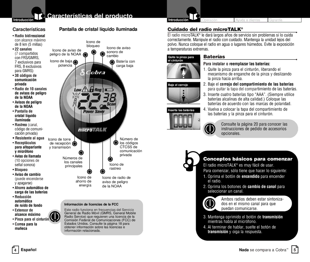 Cobra Electronics PR375WX Características, Cuidado del radio microTALK, Baterías, Para instalar o reemplazar las baterías 