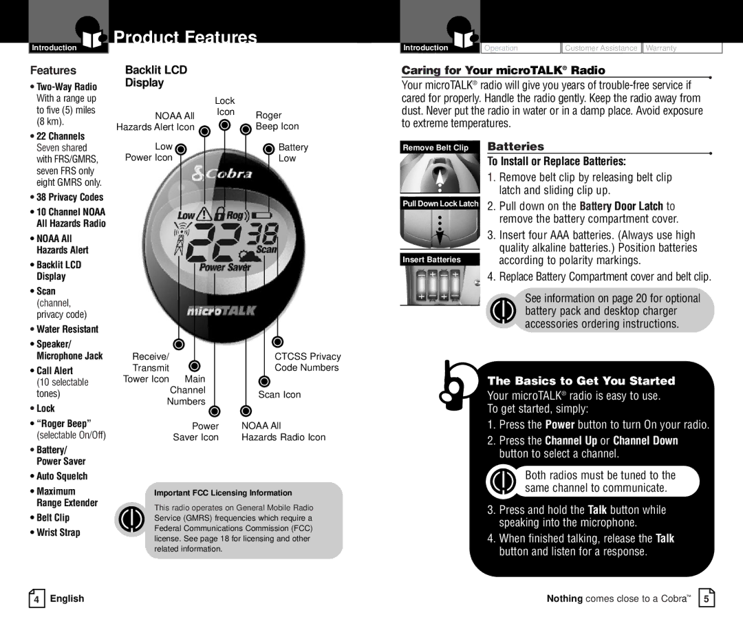 Cobra Electronics PR375WX owner manual Features, Backlit LCD Display Caring for Your microTALK Radio, Batteries 