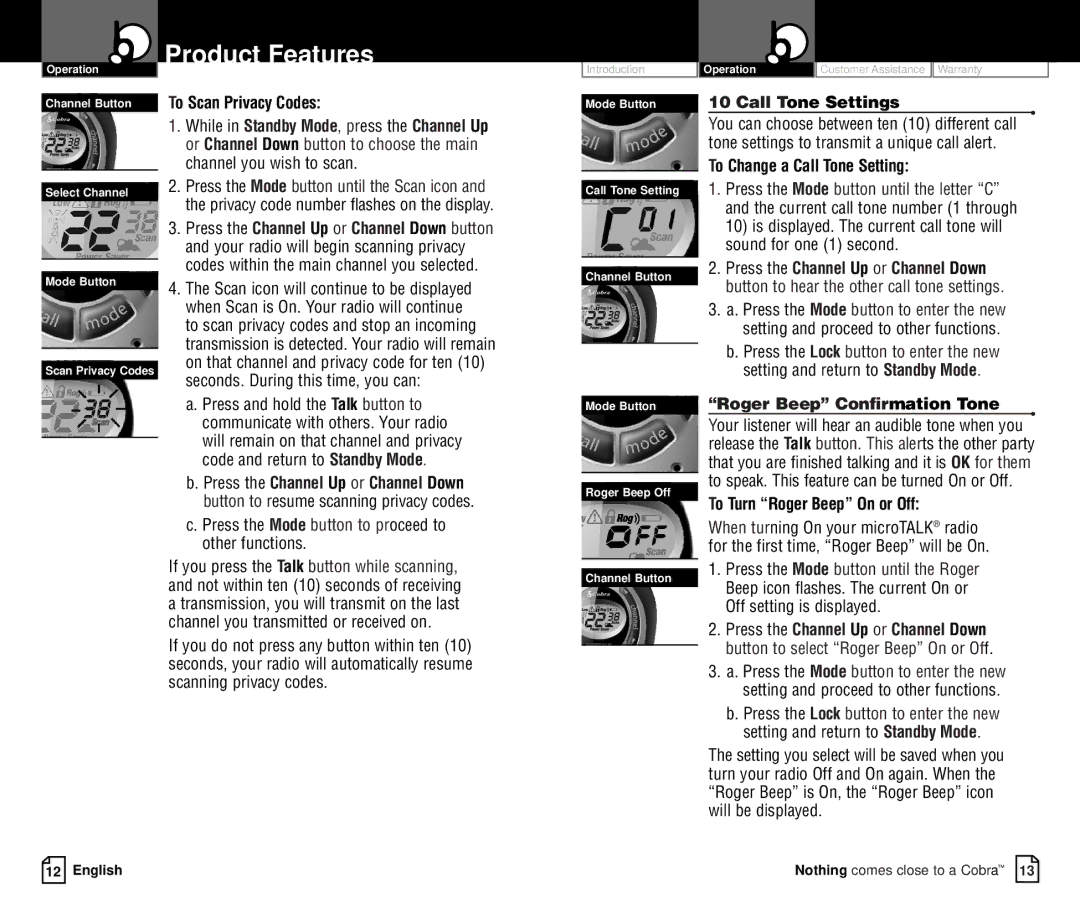 Cobra Electronics PR375WX owner manual To Scan Privacy Codes, Call Tone Settings, To Change a Call Tone Setting 