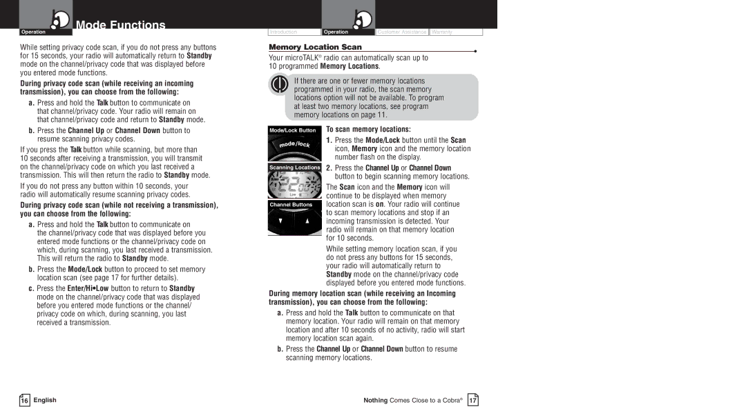 Cobra Electronics PR3800DX owner manual Memory Location Scan, Mode/Lock Button To scan memory locations 