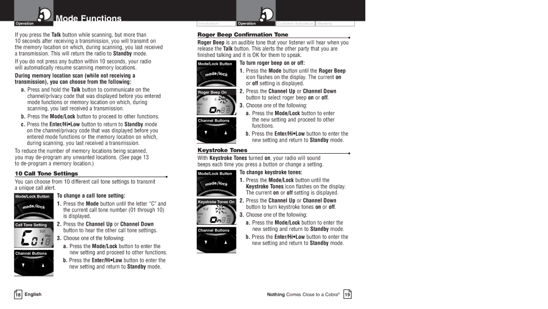 Cobra Electronics PR3800DX owner manual Mode/Lock Button To turn roger beep on or off, Keystroke Tones, Call Tone Settings 