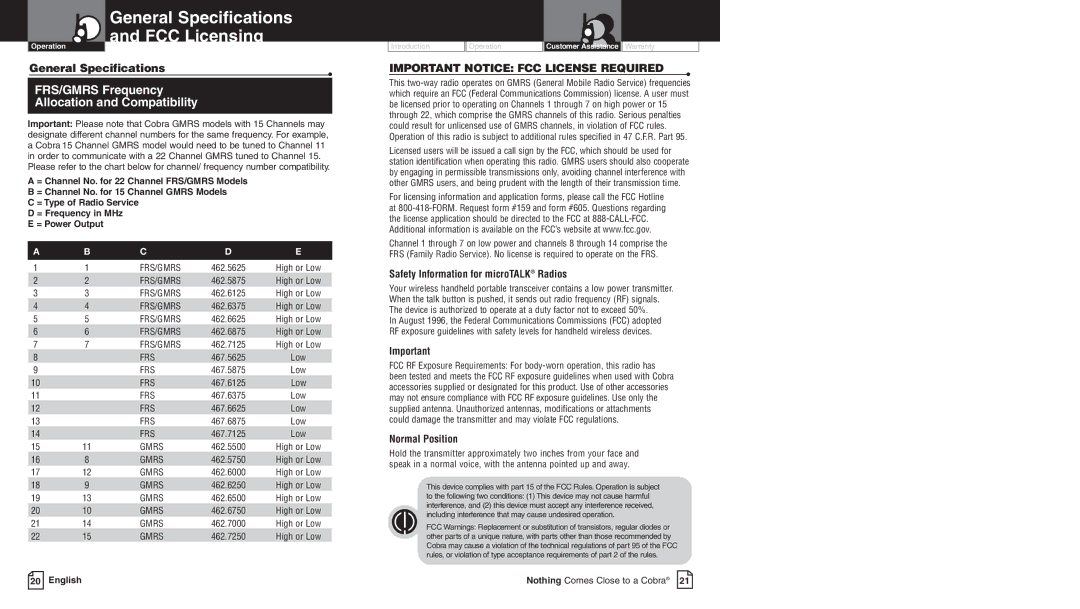 Cobra Electronics PR3800DX owner manual General Specifications FCC Licensing 