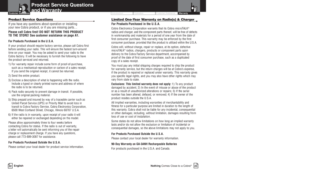 Cobra Electronics PR3800DX Product Service Questions and Warranty, If you have any questions about operation or installing 