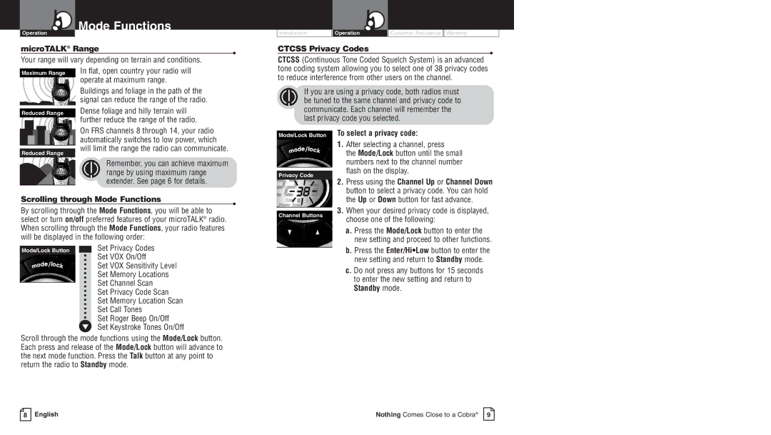 Cobra Electronics PR3800DX owner manual Mode Functions 