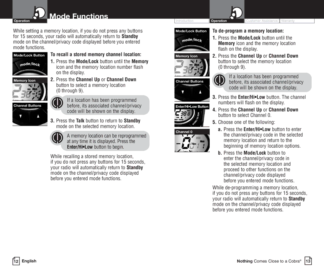 Cobra Electronics PR3800DXC owner manual Mode/Lock Button To de-program a memory location, Through 