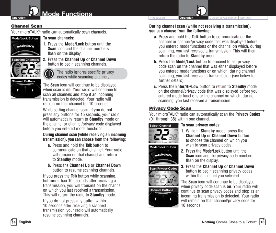 Cobra Electronics PR3800DXC Channel Scan, Your microTALK radio can automatically scan channels, To scan channels 