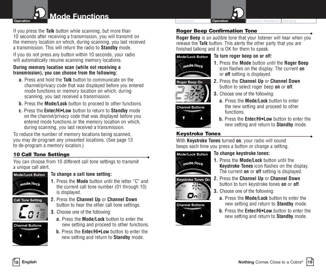 Cobra Electronics PR3800DXC To turn roger beep on or off, Keystroke Tones, Call Tone Settings, To change keystroke tones 