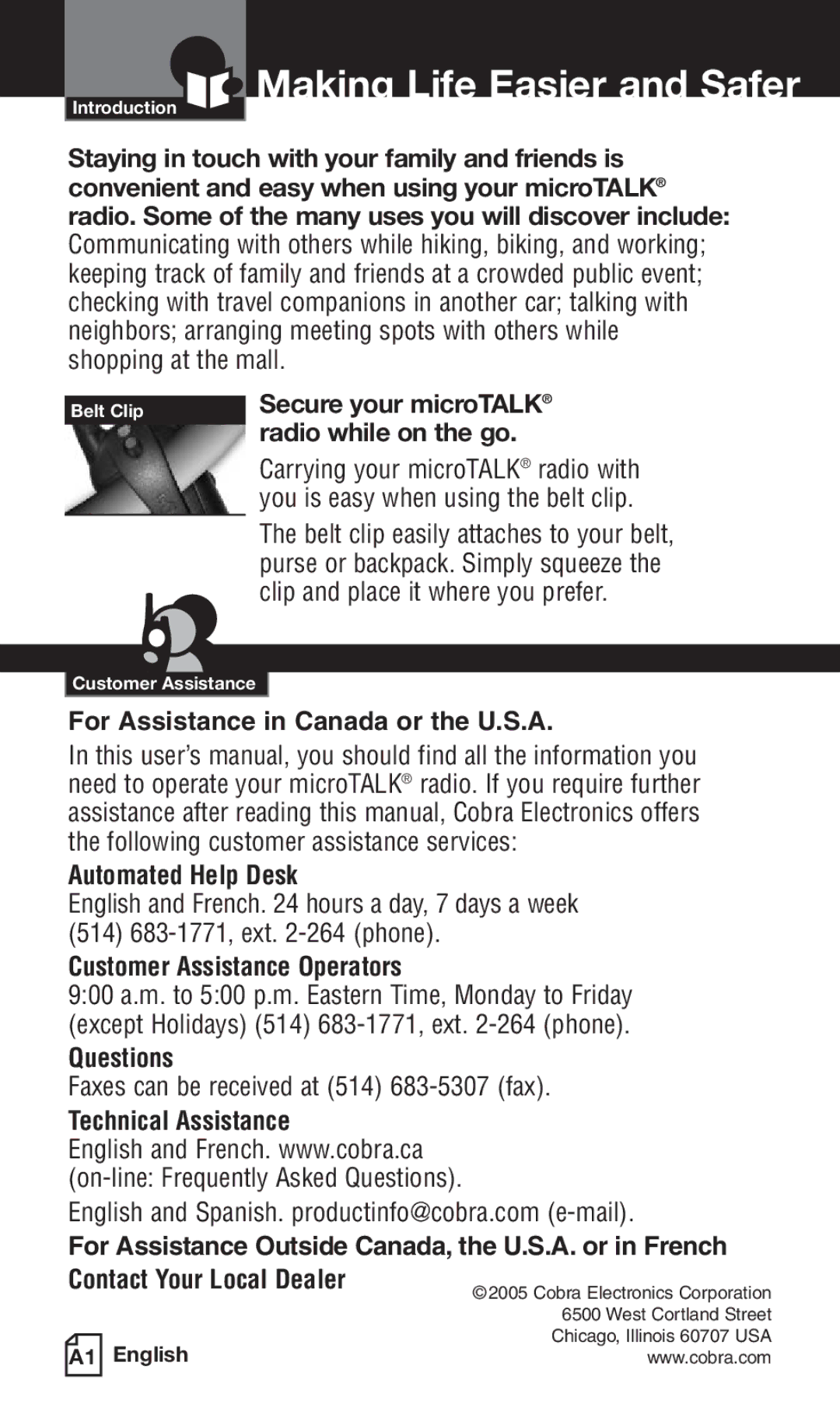 Cobra Electronics PR3800DXC Making Life Easier and Safer, For Assistance in Canada or the U.S.A, Automated Help Desk 