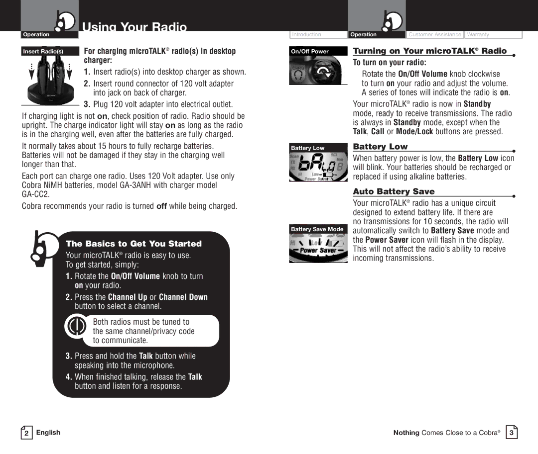 Cobra Electronics PR3800DXC Using Your Radio, Turning on Your microTALK Radio To turn on your radio, Auto Battery Save 