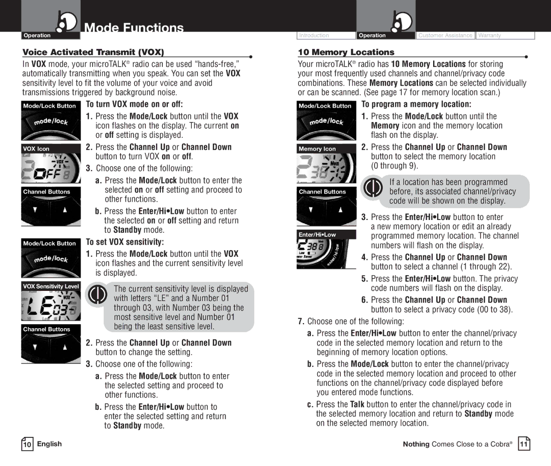 Cobra Electronics PR3800DXC owner manual Voice Activated Transmit VOX, Memory Locations, To turn VOX mode on or off 