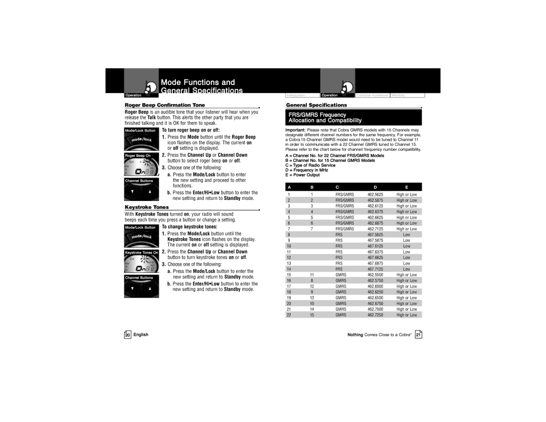 Cobra Electronics PR3850WX owner manual Keystroke Tones, General Specifications, To change keystroke tones 