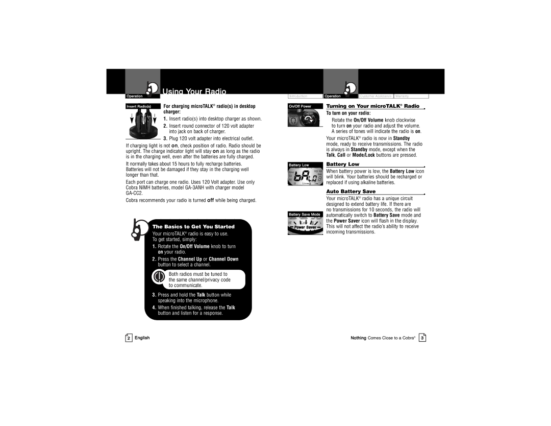 Cobra Electronics PR3850WX owner manual Using Your Radio, For charging microTALK radios in desktop charger, English 